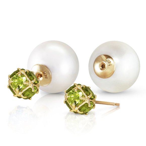 Galaxy Gold Products Jewelry - 14K. GOLD TRIBAL DOUBLE SHELL PEARLS AND PERIDOTS STUD EARRINGS (Yellow Gold)